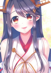 Rule 34 | 1girl, absurdres, bare shoulders, black hair, blush, breasts, closed mouth, content rating, detached sleeves, glowing, hair ornament, hairclip, haruna (kancolle), head tilt, headgear, highres, ichimatsu nana, japanese clothes, kantai collection, kimono, large breasts, lips, long hair, non-web source, nontraditional miko, red eyes, ribbon, sidelocks, simple background, solo, straight hair, tareme, translated, upper body, white background, white kimono, yellow ribbon