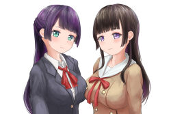 Rule 34 | 2girls, bang dream!, black hair, blush, breast press, breasts, closed mouth, crossover, d4dj, green eyes, hanasakigawa school uniform, highres, hime cut, large breasts, long hair, looking at viewer, multiple girls, purple eyes, purple hair, rbmsites, school uniform, shirokane rinko, simple background, smile, symmetrical docking, togetsu rei, voice actor connection, white background