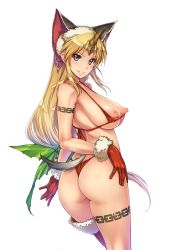 Rule 34 | &gt;:), 144 (riesztan), 1girl, animal ears, armpits, ass, bare shoulders, bikini, blonde hair, blue eyes, blush, bow, breasts, chain, fenrir knight, from behind, fur trim, gloves, green bow, hair bow, highleg, highleg panties, highres, horns, large breasts, long hair, looking at viewer, looking back, low-tied long hair, micro bikini, nipples, panties, parted lips, puffy nipples, red bikini, red gloves, red thighhighs, riesz, sagging breasts, seiken densetsu, seiken densetsu 3, single horn, single thighhigh, smile, solo, swimsuit, tail, tattoo, thighhighs, transparent background, underwear, v-shaped eyebrows, very long hair, wolf ears, wolf tail
