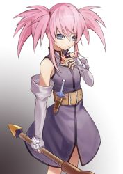 Rule 34 | 1girl, absurdres, an skill, belt, blue eyes, boots, closed mouth, elbow gloves, fingerless gloves, full body, gloves, highres, holding, long hair, looking at viewer, pink hair, presea combatir, simple background, solo, tales of (series), tales of symphonia, twintails, weapon, white background