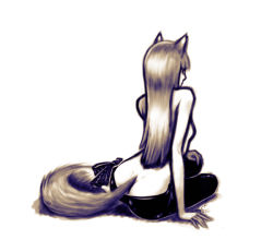 Rule 34 | 1girl, animal ears, ass, breasts, butt crack, deliciousorange, dimples of venus, from behind, holo, long hair, monochrome, pants, sepia, sitting, small breasts, solo, spice and wolf, straight hair, tail, topless, wolf ears, wolf tail