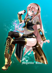 Rule 34 | 1girl, armband, blue eyes, blue nails, boots, caffein, detached sleeves, headphones, highres, knee boots, crossed legs, long hair, megurine luka, microphone, nail polish, pink hair, sitting, solo, thighhighs, very long hair, vocaloid