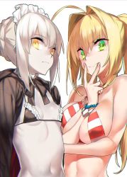 Rule 34 | &gt;:), 2girls, 92m, ahoge, artoria pendragon (alter swimsuit rider) (fate), artoria pendragon (alter swimsuit rider) (second ascension) (fate), artoria pendragon (fate), asymmetrical docking, between breasts, bikini, bikini top only, black bikini, blonde hair, bracelet, breast hold, breast press, breasts, commentary request, criss-cross halter, fate/grand order, fate (series), fingers to mouth, frill trim, frills, green eyes, grey hair, hair intakes, halterneck, jacket, jewelry, large breasts, long hair, looking at viewer, maid headdress, multiple girls, navel, nero claudius (fate), nero claudius (fate) (all), nero claudius (swimsuit caster) (fate), open clothes, open jacket, short hair, sidelocks, simple background, small breasts, striped bikini, striped bikini top, striped clothes, swimsuit, twintails, v, white background, yellow eyes