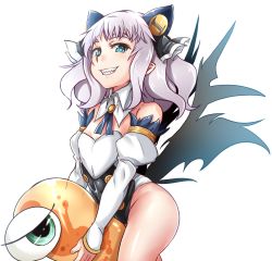 Rule 34 | 1girl, animal ears, bare shoulders, black ribbon, black wings, blue eyes, breasts, cat ears, chaos code, commentary request, cowboy shot, cthylla (chaos code), detached collar, detached sleeves, eyebrows, grin, hair ribbon, half-closed eyes, highres, holding, kitayama miuki, leotard, looking at viewer, medium hair, neck ribbon, partial commentary, pointy ears, ribbon, sharp teeth, silver hair, simple background, small breasts, smile, solo, standing, straddling, teeth, thighhighs, thighs, white background, white leotard, wings