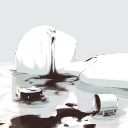 Rule 34 | 1other, alarm clock, androgynous, avogado6, clock, coffee, colored skin, from side, grey background, original, shirt, simple background, spilling, symbolism, tears, white hair, white skin