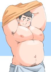 Rule 34 | 1boy, archer (archery045), armpit hair, arms up, bara, beard stubble, belly, black hair, blush, brown eyes, clothes lift, facial hair, fat, fat man, grin, highres, large pectorals, looking to the side, male focus, muscular, muscular male, navel hair, original, pectorals, shirt, shirt lift, short hair, simple background, smile, solo, stubble, sweat, thick eyebrows, towel around waist, yellow shirt
