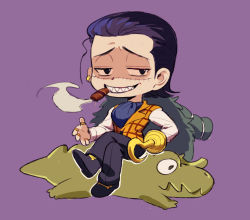 Rule 34 | 1boy, ascot, black hair, chibi, cigar, coat, crocodile, crocodile (one piece), crocodilian, fur coat, hair slicked back, highres, hook hand, looking at viewer, male focus, no.6 (numberr 6), one piece, scar, scar on face, sharp teeth, short hair, sitting on animal, smile, smoking, smug, solo, teeth