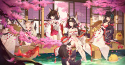 Rule 34 | 6+girls, :o, ;), ;p, absurdres, adjusting clothes, animal ears, azur lane, bell, bird, black eyes, black hair, blue eyes, blunt bangs, cat ears, cat mask, cherry blossoms, chick, closed eyes, collarbone, commentary request, detached sleeves, drooling, eyes visible through hair, eyeshadow, fish, fox ears, fusou (azur lane), hair ornament, highres, in water, kneeling, koi, long hair, looking at another, looking at viewer, looking to the side, makeup, manjuu (azur lane), mask, mask on head, midriff, multiple girls, mutsu (azur lane), nagato (azur lane), nagato (great fox&#039;s white gown) (azur lane), nail polish, navel, nontraditional miko, one eye closed, petals, pleated skirt, pond, red eyes, ribbon-trimmed sleeves, ribbon trim, school uniform, serafuku, shigure (azur lane), short hair, shouji, sidelocks, silver hair, sitting, skirt, sliding doors, smile, tail, thick eyebrows, tongue, tongue out, tree, wide sleeves, wolf ears, wolf tail, wooden floor, xiaoxiao nanjue buyaokeng, yamashiro (azur lane), yuudachi (azur lane)