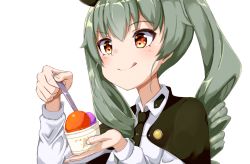 Rule 34 | 10s, 1girl, ame., anchovy (girls und panzer), brown eyes, cape, drill hair, food, girls und panzer, green hair, ice cream, long hair, necktie, solo, twin drills, twintails