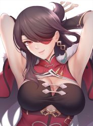 Rule 34 | 1girl, armpits, arms behind head, beidou (genshin impact), breasts, brown hair, cleavage, closed mouth, commentary request, earrings, edogawa roman, eyepatch, genshin impact, jewelry, long hair, looking at viewer, medium breasts, red eyes, simple background, smile, solo, upper body, white background
