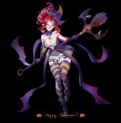 Rule 34 | 1girl, bewitching janna, black background, breasts, cleavage, full body, highres, hikarusorano, janna (league of legends), league of legends, round eyewear, simple background, solo, striped clothes, striped thighhighs, thighhighs, thighs