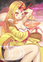 Rule 34 | 1girl, absurdres, bare shoulders, blonde hair, claws, fate/grand order, fate (series), female focus, highres, horns, ibaraki douji (fate), japanese clothes, kimono, long hair, looking at viewer, monster girl, naohiro-haha, off shoulder, oni, oni horns, pointy ears, short kimono, solo, tattoo, wide sleeves, yellow eyes, yellow kimono