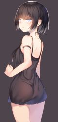 Rule 34 | 1girl, ass, bare arms, bare shoulders, black background, black hair, cowboy shot, from behind, grey eyes, highres, looking at viewer, looking back, naki (otokuyou), original, otokuyou, parted lips, short hair, shoulder blades, simple background, solo, tattoo