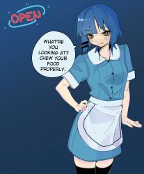 1girl absurdres alternate_costume apron blue_hair bocchi_the_rock! english_text hand_on_own_hip highres looking_at_viewer machuuu68 medium_hair mole mole_under_eye speech_bubble waist_apron waitress yamada_ryo yellow_eyes