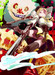 Rule 34 | 10s, 1girl, ado (adonki), ado (plane), beret, blonde hair, boots, breasts, brown thighhighs, cake, charlotte (madoka magica), detached sleeves, drill hair, dual wielding, fingerless gloves, food, fruit, gloves, gun, hair ornament, hairpin, hat, highres, holding, large breasts, magical girl, magical musket, mahou shoujo madoka magica, mahou shoujo madoka magica (anime), panties, pantyshot, pleated skirt, puffy sleeves, ribbon, rifle, shirt, skirt, smoke, smoking barrel, strawberry, striped clothes, striped thighhighs, taut clothes, taut shirt, thighhighs, tomoe mami, twin drills, twintails, underwear, upskirt, vertical-striped clothes, vertical-striped thighhighs, weapon, witch&#039;s labyrinth, yellow eyes, zettai ryouiki