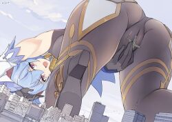 Rule 34 | 1girl, aircraft, armpits, ass, black gloves, blue hair, blue sky, bodystocking, breasts, brown eyes, cameltoe, city, cleft of venus, crotch, destruction, detached sleeves, from below, ganyu (genshin impact), genshin impact, giant, giantess, gloves, high heels, highres, horns, looking at viewer, medium breasts, open mouth, pantyhose, seo tatsuya, sky, solo