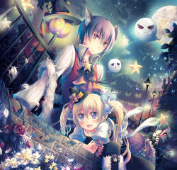 Rule 34 | 1boy, 1girl, :d, animal ears, arm support, bad id, bad nicoseiga id, bat (animal), blonde hair, blue eyes, blush, boots, bow, bracelet, brick wall, brown eyes, brown hair, cloud, crossed arms, dress, fang, flower, full moon, ghost, hair bow, halloween, hat, jewelry, lamppost, lantern, long hair, lying, moon, necklace, night, night sky, on stomach, open mouth, original, plant, pumpkin, rose, sandals, short hair, sitting, sky, smile, star (sky), star (symbol), starry sky, thorn (ff9), thorns, twintails, vines, witch hat, yamadori yoshitomo