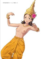 Rule 34 | 1girl, absurdres, armpits, black hair, blush, bracelet, breasts, earrings, flower, hat, hat flower, headdress, highres, indonesian clothes, jewelry, kanden sky, long hair, medium breasts, necklace, nipples, open mouth, original, outstretched arms, pants, pink flower, simple background, small nipples, topless, white background, wrist cuffs, wristband, yellow eyes, yellow pants