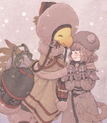 Rule 34 | 10s, 1girl, ^ ^, blush, brown coat, brown gloves, brown hat, brown scarf, cat tail, chocobo, closed eyes, closed mouth, coat, facial mark, final fantasy, final fantasy xiv, gloves, grey background, hat, miqo&#039;te, mozuku (mozuuru0323), nose blush, open mouth, profile, saddle, scarf, shared clothes, shared scarf, smile, snow, standing, tail, warrior of light (ff14), whisker markings