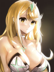 Rule 34 | 1girl, blonde hair, breasts, chest jewel, choker, closed mouth, collarbone, gem, headpiece, highres, large breasts, long hair, mythra (radiant beach) (xenoblade), mythra (xenoblade), solo, strapless, striped, swept bangs, tiara, tommy (kingdukeee), upper body, vertical stripes, xenoblade chronicles (series), xenoblade chronicles 2, yellow eyes