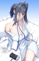 Rule 34 | 1girl, absurdres, black hair, blue eyes, blush, breasts, cleavage, collarbone, collared shirt, dress shirt, earrings, eyelashes, eyes visible through hair, frilled pillow, frills, hair between eyes, hair intakes, hand on own hip, head tilt, highres, hololive, hololive english, jewelry, large breasts, leaning on object, leash, long eyelashes, long sleeves, looking at viewer, loose clothes, off shoulder, ouro kronii, parted lips, partially unbuttoned, pillow, ponytail, shirt, short hair, simple background, sitting, solo, sweat, thighs, virtual youtuber, white shirt, zenya