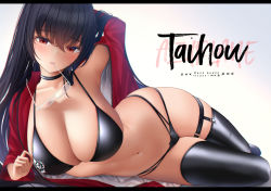 Rule 34 | 1girl, arm behind head, arm up, azur lane, bad id, bad pixiv id, bikini, black bikini, black hair, black thighhighs, blush, breasts, character name, cleavage, collarbone, crossed bangs, gloves, unworn gloves, hair between eyes, highres, jacket, large breasts, long hair, long sleeves, looking at viewer, lying, mhru, mouth hold, multi-strapped bikini bottom, navel, official alternate costume, on side, open clothes, open jacket, red eyes, red jacket, swimsuit, taihou (azur lane), taihou (enraptured companion) (azur lane), thigh strap, thighhighs, thighs