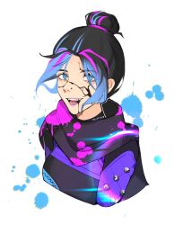 Rule 34 | 1girl, animification, apex legends, black bodysuit, black hair, black scarf, black sweater, blue hair, bodysuit, breasts, commentary, cropped torso, english commentary, fangs, hair bun, highres, itsaboutspoons, medium breasts, multicolored hair, nose piercing, open mouth, paint splatter, paint splatter on face, piercing, pink lips, portrait, purple hair, scarf, single hair bun, smile, solo, streaked hair, sweater, white background, wraith (apex legends)