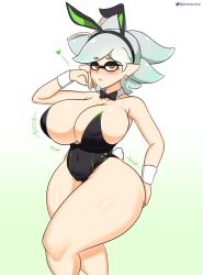 Rule 34 | + +, 1girl, animal ears, bare shoulders, black leotard, blush, breasts, cleavage, closed mouth, collar, collarbone, covered navel, cowboy shot, curvy, domino mask, earrings, fake animal ears, gradient background, green background, highres, huge breasts, jewelry, leotard, looking at viewer, marie (splatoon), mask, nintendo, pointy ears, rabbit ears, short hair, sideboob, solo, splatoon (series), standing, startop, strapless, tentacle hair, thick eyebrows, thick thighs, thighs, wide hips, wrist cuffs