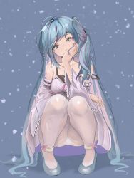 Rule 34 | 1girl, blue footwear, blue hair, bu li (set sail), chinese commentary, commentary request, detached sleeves, duel monster, grey eyes, hand on own face, high heels, highres, long hair, panties, pantyhose, pumps, rilliona (yu-gi-oh!), solo, squatting, underwear, white panties, white pantyhose, wide sleeves, witchcrafter madame verre, yu-gi-oh!