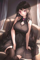 Rule 34 | 1girl, black dress, black thighhighs, braid, brown hair, clothing cutout, couch, covered navel, dress, french braid, garter straps, hand on own thigh, head tilt, jewelry, long hair, looking at viewer, lunacle, necklace, original, pink eyes, sidelocks, sitting, sleeveless, sleeveless dress, smile, solo, thighhighs, very long hair