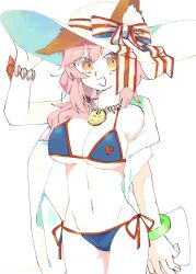 Rule 34 | 1girl, animal ear fluff, animal ears, bangle, bikini, blue bikini, bow, bracelet, breasts, ears through headwear, fate/grand order, fate (series), fox ears, fox tail, hat, hat bow, highres, jewelry, large breasts, looking at viewer, necklace, open mouth, orange eyes, pink hair, side-tie bikini bottom, simple background, solo, sun hat, swimsuit, tail, tamamo (fate), tamamo no mae (fate/extra), tamamo no mae (swimsuit lancer) (fate), uotsu (sabakou), white background
