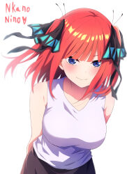 Rule 34 | 1girl, arms behind back, artistic error, bare arms, black bow, black skirt, blue eyes, bow, breasts, commission, eyebrows hidden by hair, floating hair, go-toubun no hanayome, hair bow, highres, leaning forward, long hair, looking at viewer, medium breasts, nakano nino, nuguri444, pixiv commission, red hair, shirt, skirt, sleeveless, sleeveless shirt, solo, standing, twintails, white shirt