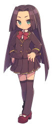 Rule 34 | 1girl, black socks, blazer, blush, breast pocket, brown hair, brown jacket, brown skirt, buttons, closed mouth, collared shirt, commentary, dot mouth, dress shirt, everyntrge, forehead, full body, green eyes, hand on own hip, highres, jacket, knees, long hair, long sleeves, no nose, original, pleated skirt, pocket, red ribbon, ribbon, school uniform, shirt, simple background, skirt, socks, solo, standing, very long hair, white background, white shirt