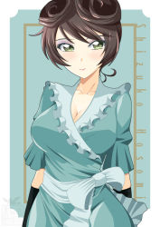 Rule 34 | 1girl, black gloves, breasts, brown hair, character name, cleavage, closed mouth, dress, elbow gloves, eyeliner, frilled dress, frilled sleeves, frills, girls und panzer, gloves, green dress, green eyes, hair rings, highres, hosomi shizuko, ichijou takakiyo, large breasts, makeup, short hair, short sleeves, smile, solo