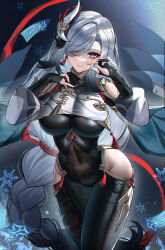 Rule 34 | 1girl, absurdres, black bodysuit, blue nails, bodysuit, braid, breasts, card, covered navel, earrings, eternity (shadeh), eyebrows, eyelashes, genshin impact, grey hair, hair ornament, hands up, highres, hip vent, jewelry, large breasts, long hair, long sleeves, looking at viewer, low-braided long hair, low-tied long hair, multicolored hair, nail polish, navel, no panties, one eye covered, parted lips, rope, shenhe (genshin impact), skin tight, smile, thighs, two-tone hair, very long hair, white hair, wide hips