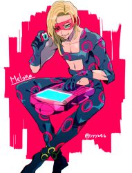 Rule 34 | 1boy, blonde hair, blue eyes, computer, gloves, jojo no kimyou na bouken, male focus, mask, melone, pectoral cleavage, pectorals, simple background, solo, yyy246