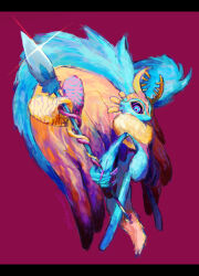 Rule 34 | antlers, blue fur, claws, commentary request, fecto elfilis, full body, furry, highres, holding, holding staff, horns, kirby (series), kirby and the forgotten land, letterboxed, looking at viewer, multicolored eyes, nintendo, puuta (pu ta331), red background, simple background, solo, sparkle, staff, wing ears, yellow fur