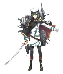 Rule 34 | 10s, 1girl, alternate costume, boots, cape, cutlass, cutlass, eyepatch, gloves, green eyes, green hair, hat, kantai collection, kiso (kancolle), kiso kai ni (kancolle), looking at viewer, machinery, matching hair/eyes, military, military uniform, pantyhose, ponytail, smile, solo, toruglose, turret, uniform