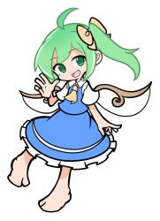 Rule 34 | 1girl, :d, ahoge, ascot, barefoot, blue skirt, blue vest, bow, collared shirt, daiyousei, full body, green eyes, green hair, hair bow, looking at viewer, open mouth, puyopuyo, shinmon akika, shirt, short sleeves, side ponytail, simple background, skirt, smile, solo, touhou, vest, white background, white shirt, white wings, wings, yellow ascot, yellow bow