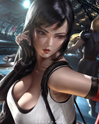 Rule 34 | 1boy, 1girl, armpits, bare shoulders, breasts, brown eyes, brown hair, cleavage, cloud strife, cropped, earrings, final fantasy, final fantasy vii, final fantasy vii remake, gloves, jewelry, large breasts, lips, solo focus, square enix, suspenders, tank top, tifa lockhart, upper body, watermark, zumi (zumidraws)