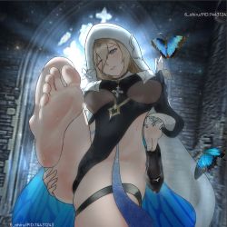 Rule 34 | 1girl, absurdres, aponia (honkai impact), barefoot, blonde hair, bloom, blue eyes, blush, bug, butterfly, feet, highres, holding, holding shoes, honkai (series), honkai impact 3rd, insect, leotard, long hair, looking at viewer, one eye closed, parted lips, shoes, unworn shoes, single shoe, soles, steam, sweat, toes