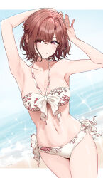 1girl armpits arms_up beach bikini blush breasts brown_hair cleavage collarbone commentary floral_print highres higuchi_madoka idolmaster idolmaster_shiny_colors letterboxed looking_at_viewer medium_breasts mole mole_under_eye navel nonbire outdoors short_hair solo stomach swimsuit white_bikini