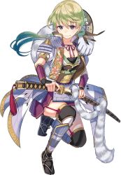 Rule 34 | 1girl, black thighhighs, breasts, cleavage, full body, green hair, holding, holding sword, holding weapon, katana, oshiro project:re, oshiro project:re, pleated skirt, ponytail, purple eyes, sheath, sheep sleep, short sleeves, skirt, smile, solo, sword, thighhighs, transparent background, unsheathing, wakayama (oshiro project), weapon