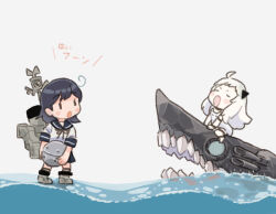 Rule 34 | 2girls, abyssal ship, black hair, black sailor collar, black skirt, character name, commentary request, explosive, kantai collection, long hair, machinery, mine (weapon), multiple girls, naval mine, northern little sister, saiguchi otoufu, sailor collar, school uniform, serafuku, shark, simple background, skirt, standing, standing on liquid, translation request, ushio (kancolle), water, white background
