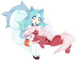 Rule 34 | absurdres, animal ears, blue hair, cat ears, creatures (company), dog, dog ears, fox ears, furry, furry female, game freak, gen 4 pokemon, gen 7 pokemon, highres, lycanroc, lycanroc (dusk), nintendo, original, pacha (pachastuff), pachirisu, pokemon, pokemon (creature), red eyes, red fur, squirrel, squirrel girl, squirrel tail, surprised, tail, tongue, tongue out, white hair, white tail, wolf boy, wolf ears, wolf paws, wolf tail