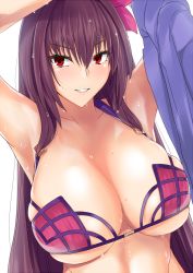Rule 34 | 1girl, arm over head, armpits, arms up, bikini, blush, breasts, cleavage, collarbone, fate/grand order, fate (series), flower, gachou, hair between eyes, hair flower, hair ornament, large breasts, long hair, looking to the side, parted lips, purple bikini, purple hair, red eyes, removing jacket, scathach (fate), scathach (fate/grand order), scathach (swimsuit assassin) (fate), simple background, skindentation, smile, solo, swimsuit, upper body, water drop, wet, wet hair, white background