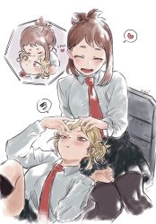 Rule 34 | 2girls, aqistory, blonde hair, blush, boku no hero academia, breasts, brown hair, closed eyes, closed mouth, collared shirt, commentary, double bun, green skirt, hair bun, hand on another&#039;s head, heart, highres, kiss, kissing forehead, long sleeves, looking at another, messy hair, multiple girls, necktie, open mouth, pantyhose, pleated skirt, red necktie, school uniform, shirt, simple background, sitting, skirt, smile, spoken heart, spoken squiggle, squiggle, toga himiko, u.a. school uniform, uraraka ochako, white background, white shirt, yellow eyes, yuri
