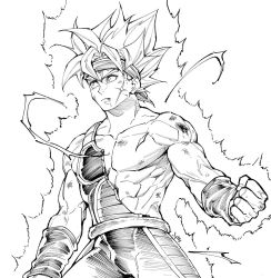 Rule 34 | 1boy, armor, aura, bandana, bardock, broken armor, clenched hand, dirty, dirty face, dragon ball, electricity, expressionless, fingernails, greyscale, looking away, male focus, monochrome, muscular, nipples, rheepic, scar, short hair, simple background, solo, spiked hair, standing, stomach, super saiyan, super saiyan 1, upper body, white background, wristband