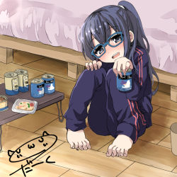 Rule 34 | 10s, 1girl, alcohol, barefoot, bed, beer, beer can, blue-framed eyewear, blue eyes, blue hair, blush, can, darkside, drink can, feet, glass, glasses, imai midori, jersey, long hair, matching hair/eyes, open mouth, ponytail, shirobako, smile, solo, table, toes, track suit