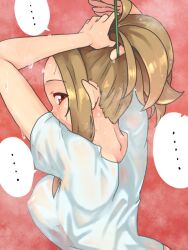 Rule 34 | ..., 1girl, arms up, blonde hair, breasts, covered erect nipples, from behind, hair tie, idolmaster, idolmaster cinderella girls, kurushima gire, large breasts, looking at viewer, looking back, manabe itsuki, nape, ponytail, red background, red eyes, shirt, sidelocks, speech bubble, steam, sweat, sweaty clothes, t-shirt, tying hair, upper body, wet, white shirt